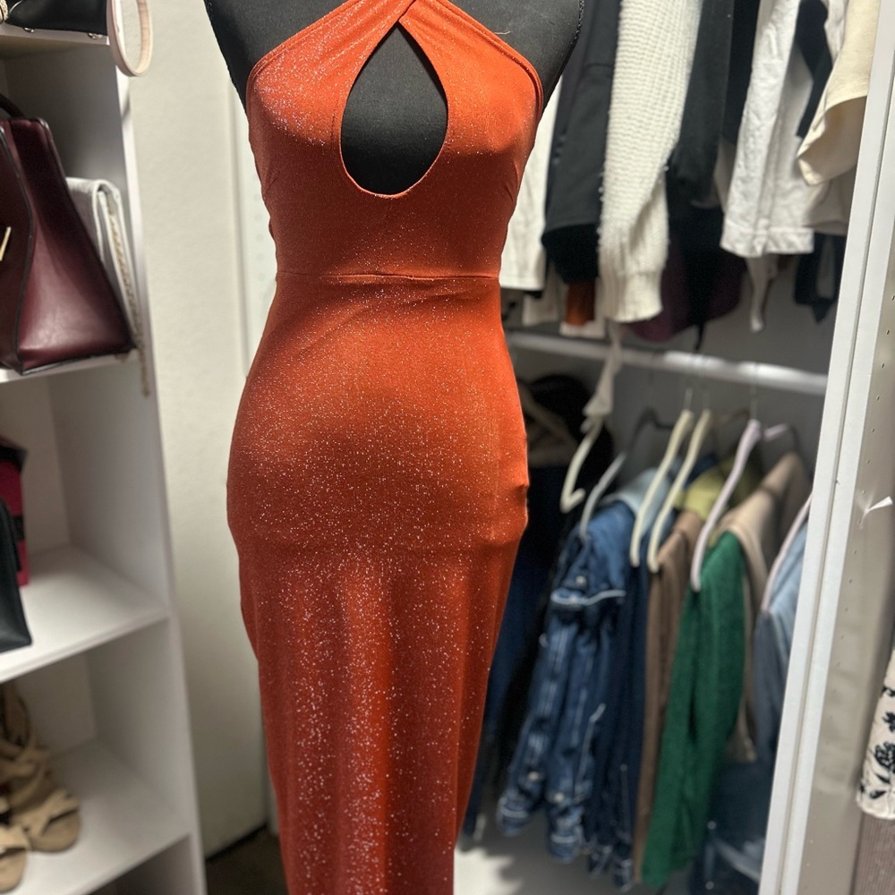 Fashion Nova Shimmering Rust Backless Dress
